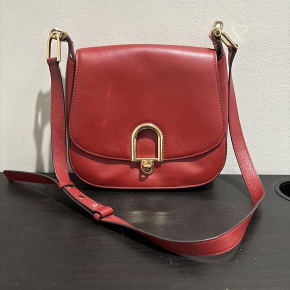Michael Kors Red Leather Large Delfina Flap Saddle Bag EUC RARE - Picture 1 of 14